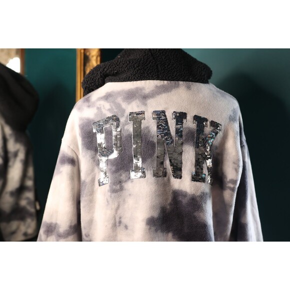 Victoria’s Secrets PINK Bling Sherpa Reversible Jacket Black White Tie Dye Sz S - Picture 7 of 12